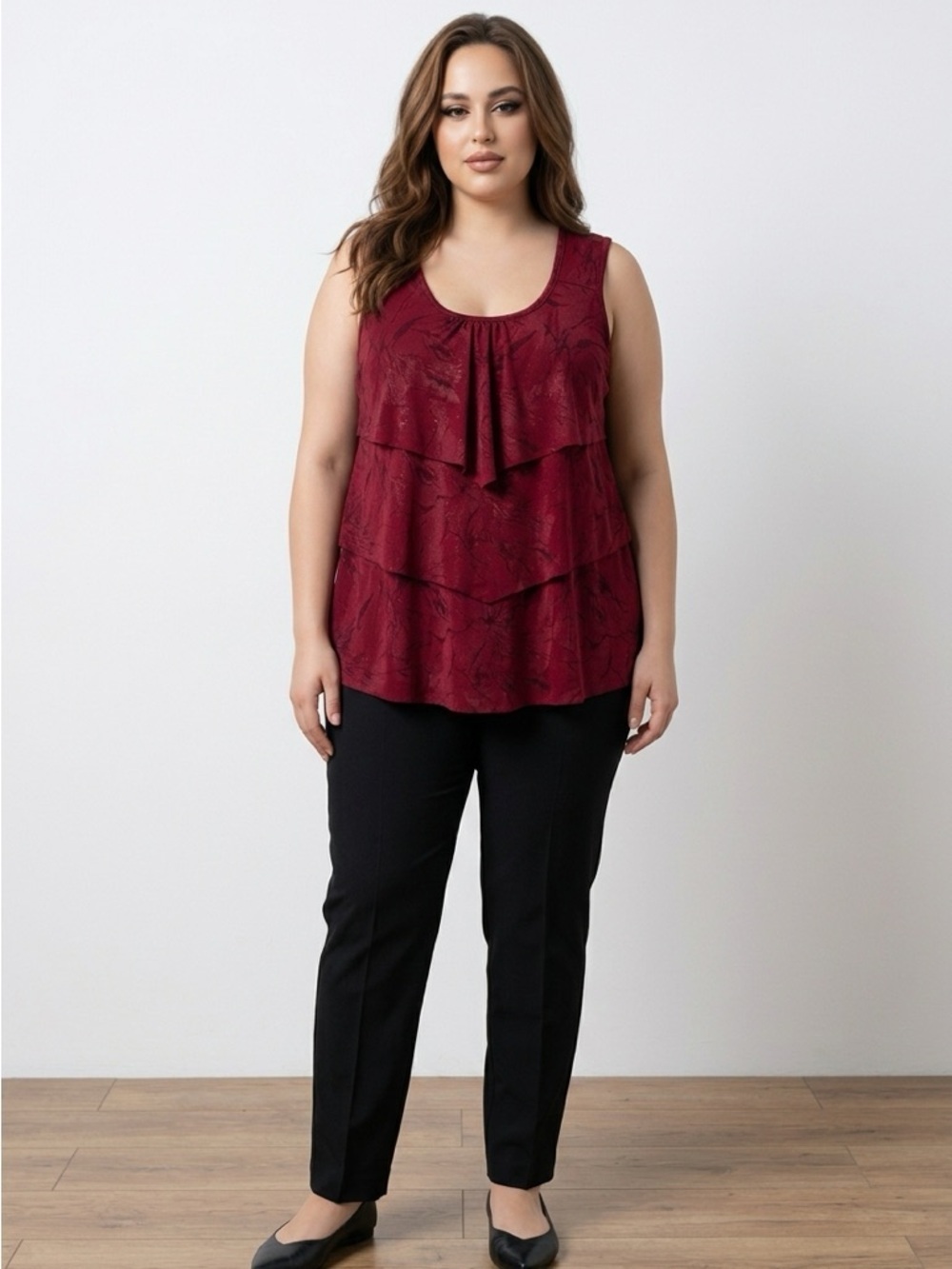 Reitmans 1X Wine Red Ruffle Front Tiered Tank Top Stretch Scoop Neck Plus Size